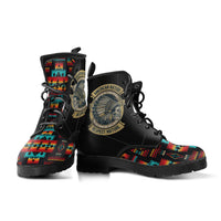 Two-tone view: black boots with colorful geometric toe insets and American Native emblem