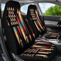LT10 seat covers in car: black with multicolor feather-arrow print on front seats