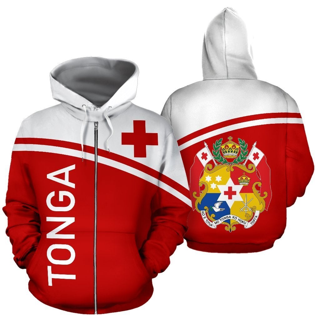 Red zip hoodie with white hood, Tonga flag stripes and crest, front/back view