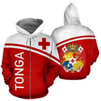 Red zip hoodie with white hood, Tonga flag stripes and crest, front/back view
