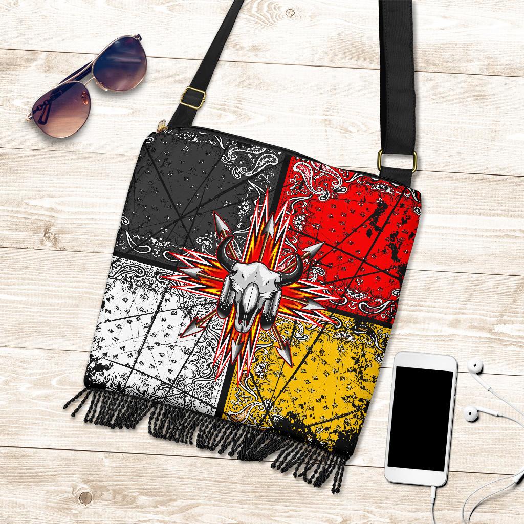 Multicolor native-style crossbody handbag with skull arrow design and black tassel fringe
