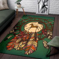 Green Native American horse area rug with circular frame and feather border in multicolor