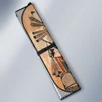 Side view Native American multicolor auto sun shade with black trim edges