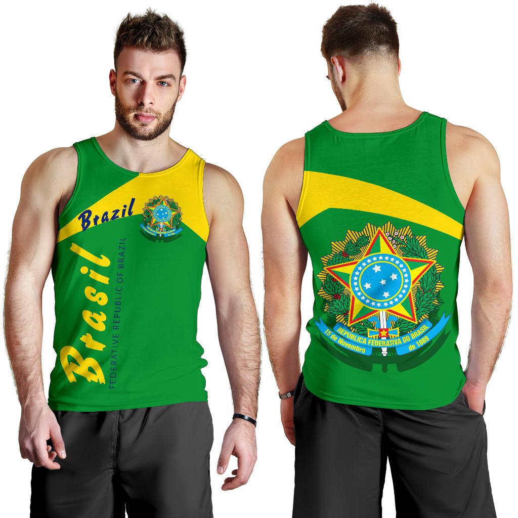 Green tank top, front 'Brazil' print; back crest emblem with yellow stripe