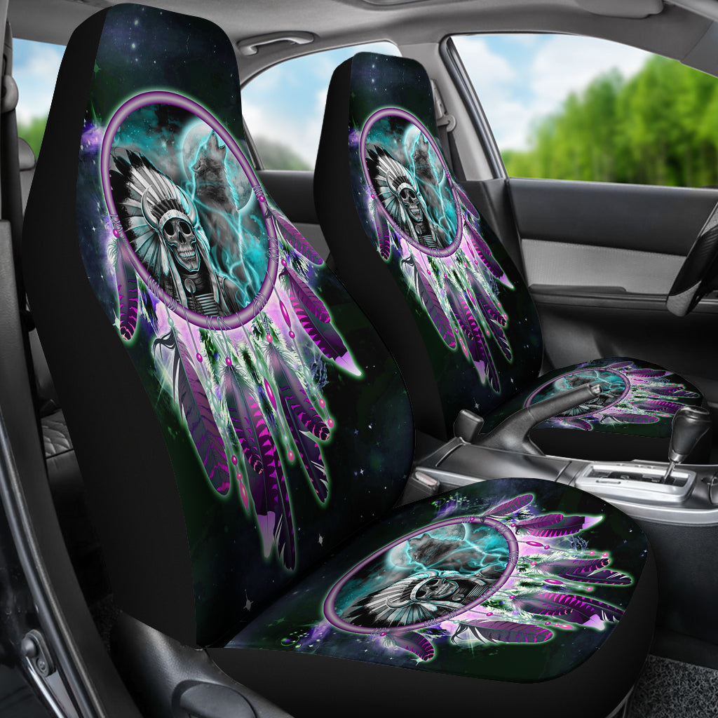 Front seat covers featuring skull dreamcatcher graphic in teal, purple, and green on black