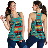 Teal Native American geometric racerback tank, front and back angles