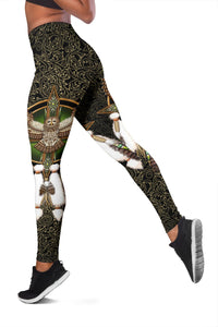 Owl dreamcatcher motif on black leggings with white feather details, side view