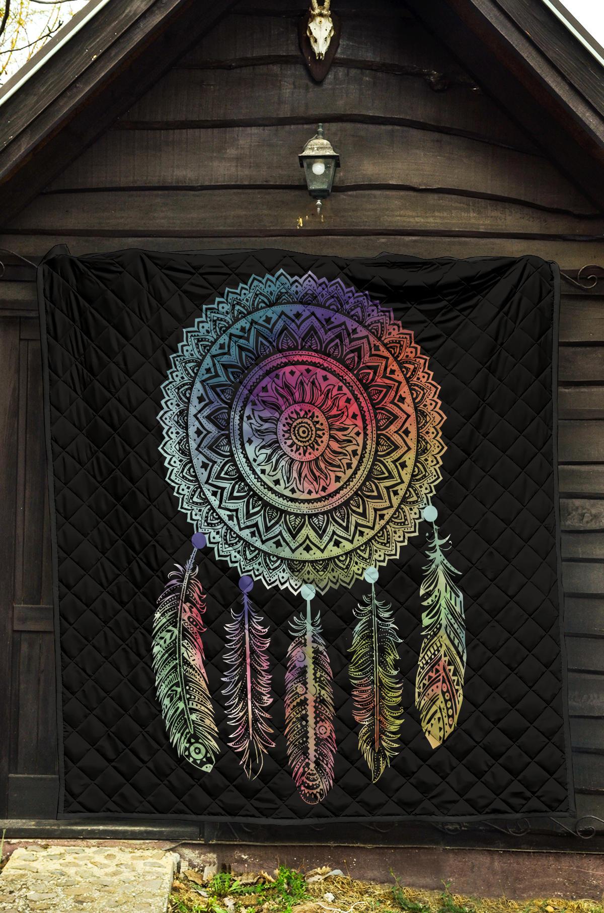 Black quilt with multicolor mandala dreamcatcher, feather cluster graphic on diamond stitching