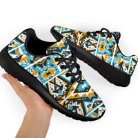 Pair of multicolor patterned sneakers with black lace-up tops and black rubber sole