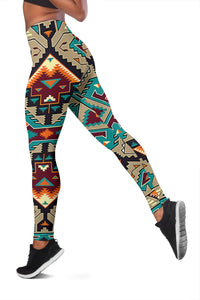 Women's leggings in multicolor tribal geometric print, close view of legs