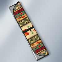 Folded geometric auto sun shade, multicolor Native American pattern with silver backing