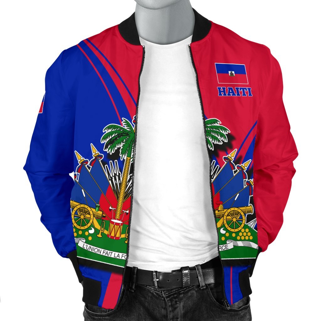 Front view bomber jacket, red and blue with Haiti logo patch, zip-up front