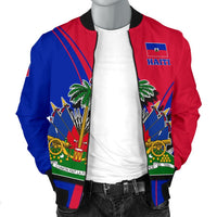 Front view bomber jacket, red and blue with Haiti logo patch, zip-up front