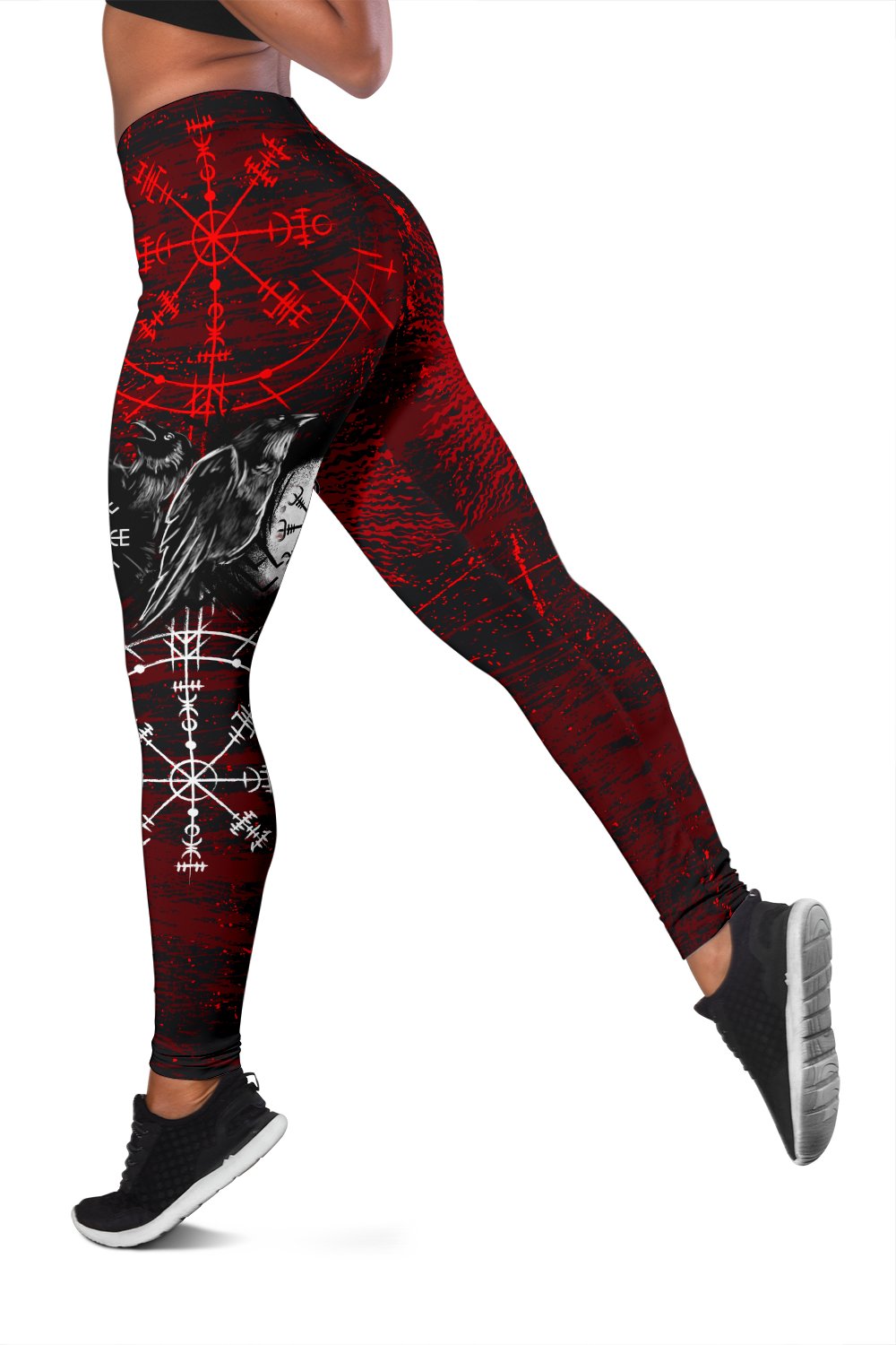 viking-womens-leggings-raven-of-odin-and-symbol-viking-on-blood-background