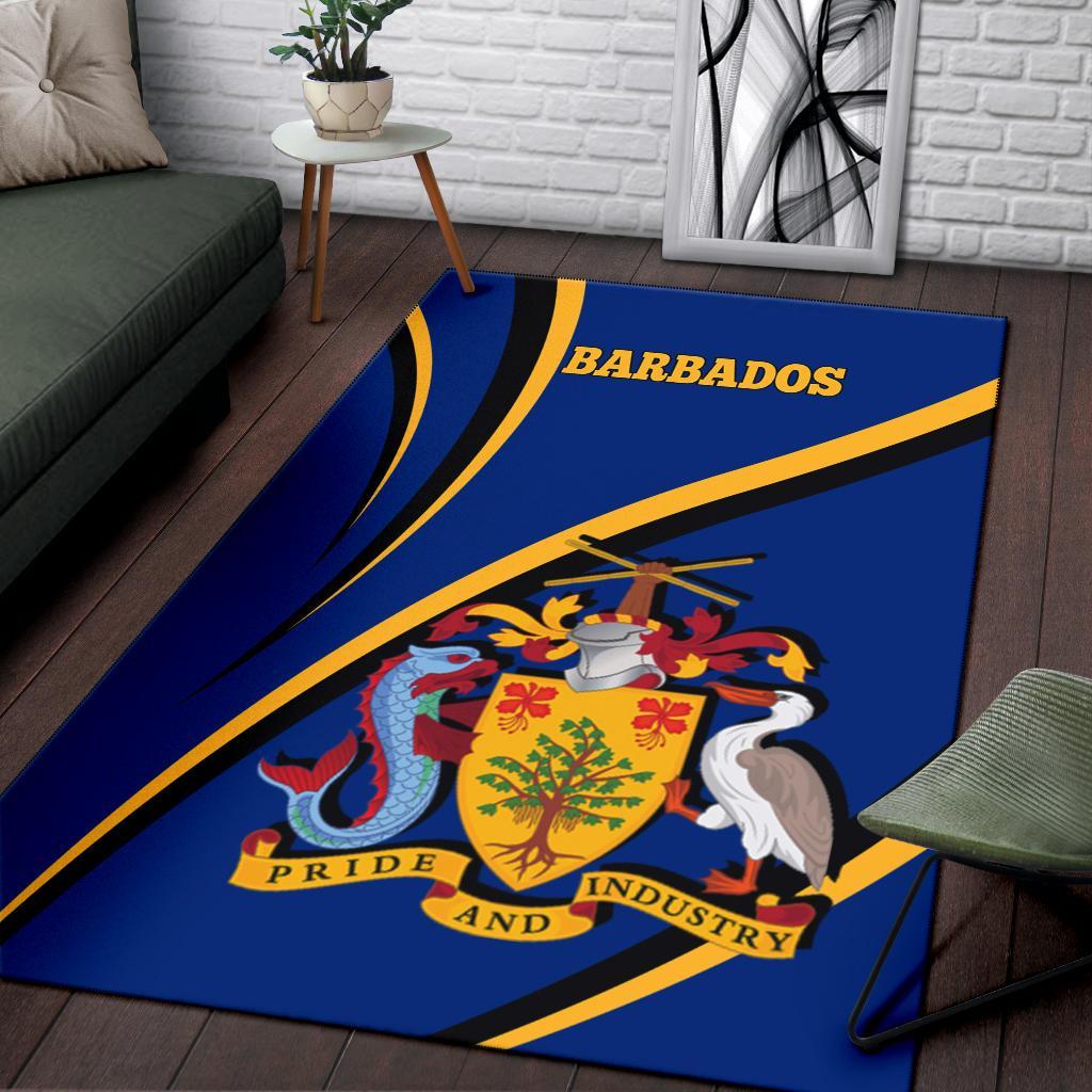 Diagonal blue Barbados rug with yellow stripes, lion shield crest and “Pride and Industry”