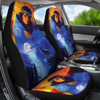 Car front seat covers featuring hooded girl and wolves on blue-to-orange multicolor design