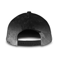 Black and grey cap back view with adjustable strap and grommets