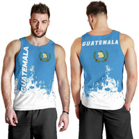 Men’s Guatemala tank top shown from front and back, blue with crest and white smudges