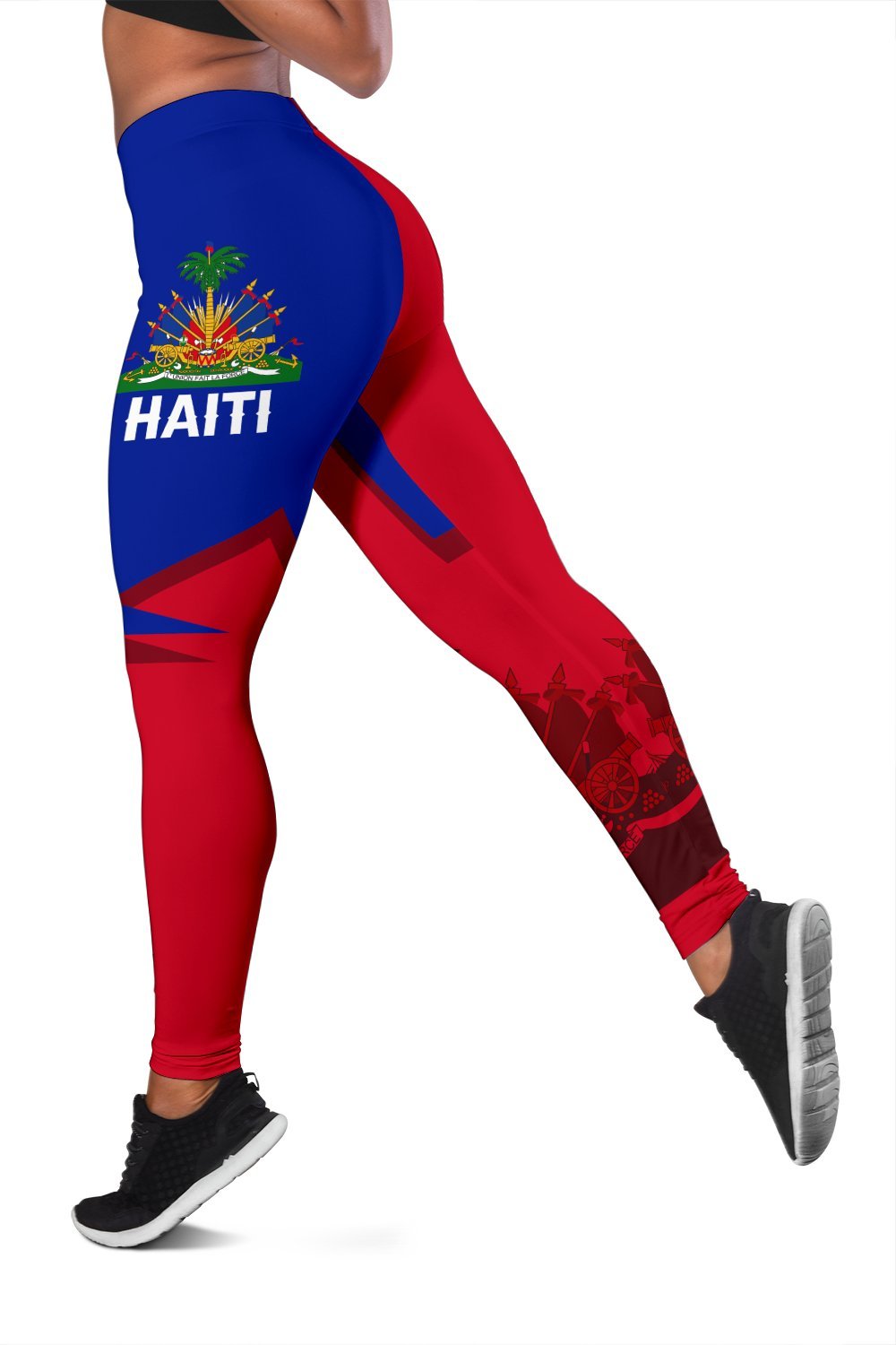 Red & blue Haiti leggings with 'HAITI' graphic and flag-style stripes