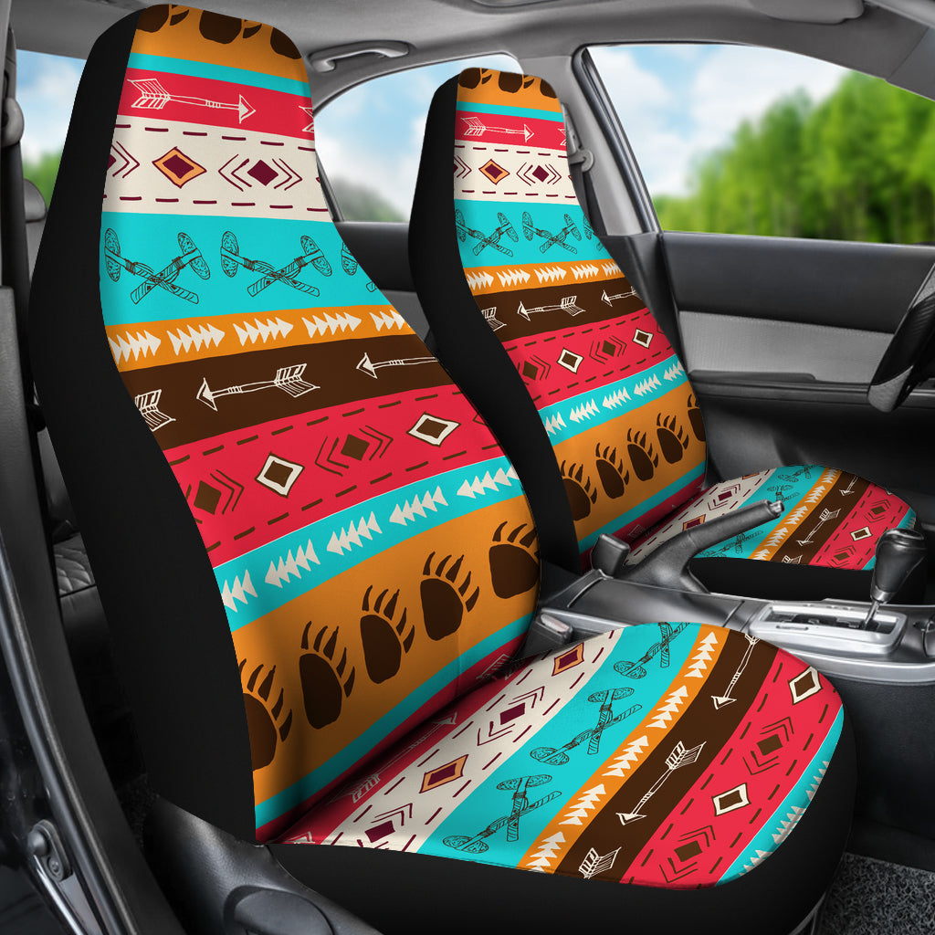 LT10 multicolor front seat covers in car, tribal pattern with guitar icons