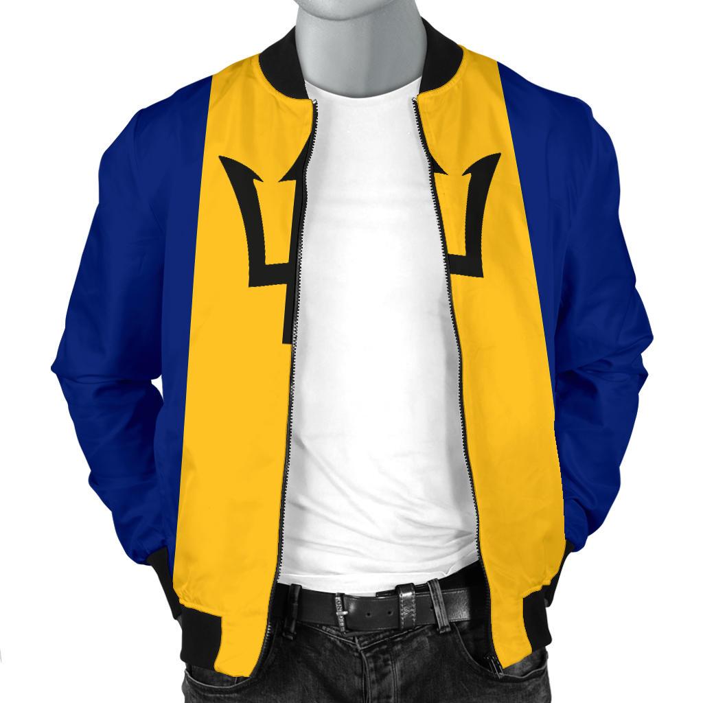 Barbados bomber jacket open front, blue sleeves with yellow panels and crown design