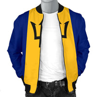 Barbados bomber jacket open front, blue sleeves with yellow panels and crown design