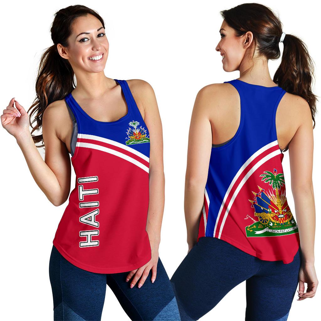 Women’s racerback tank top with Haiti graphic; red and blue with white diagonal stripes