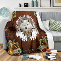 Wolf headdress throw blanket, brown backdrop with white wolf face and beaded accents