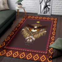 Dreamcatcher owl area rug, brown square center with maroon border and diamond pattern edge