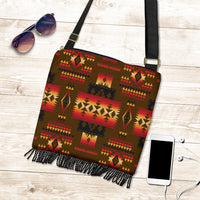 Multicolor geometric Native crossbody bag with tassel fringe and gold buckle strap