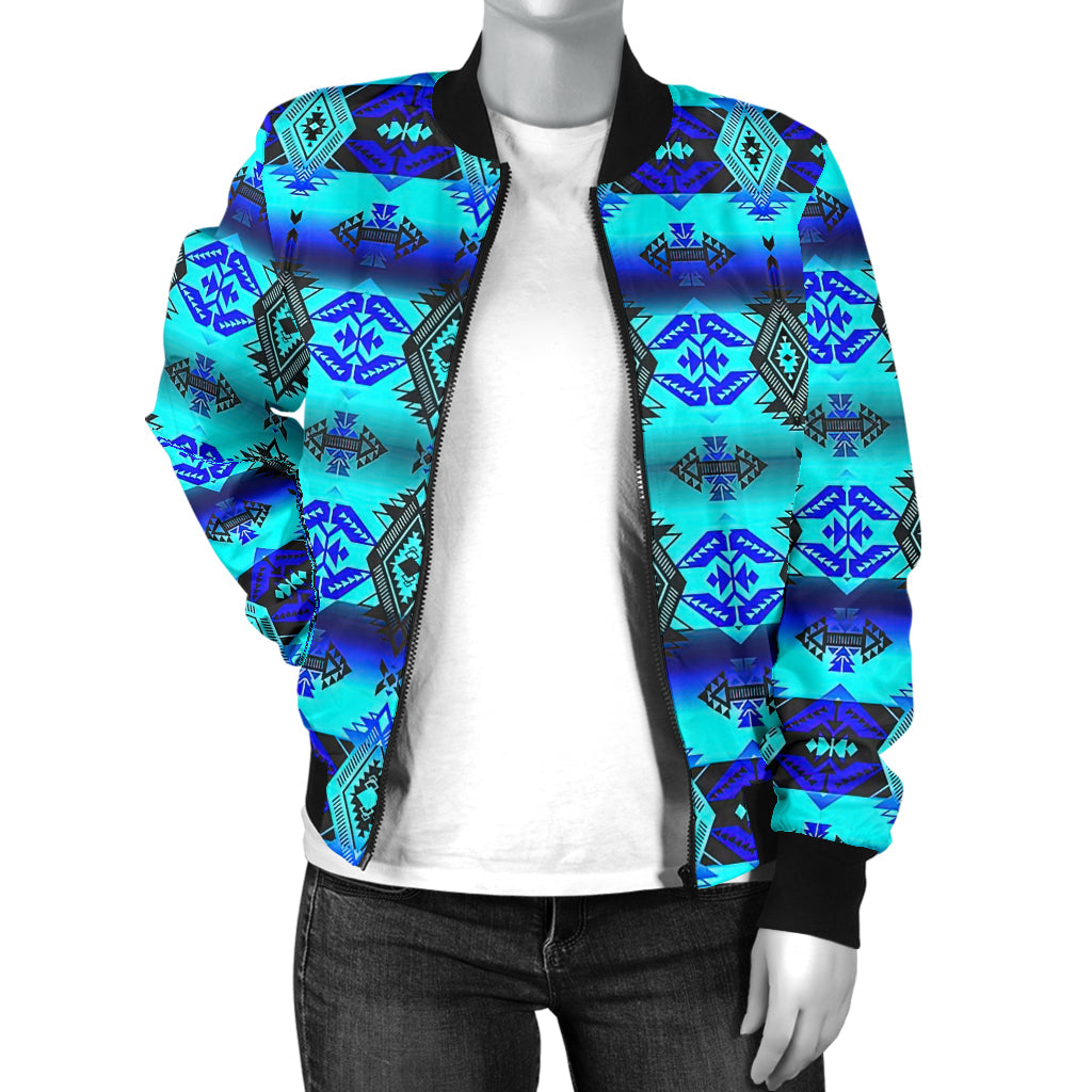 Women’s bomber jacket front open collarless look, teal/purple geometric print, black zip