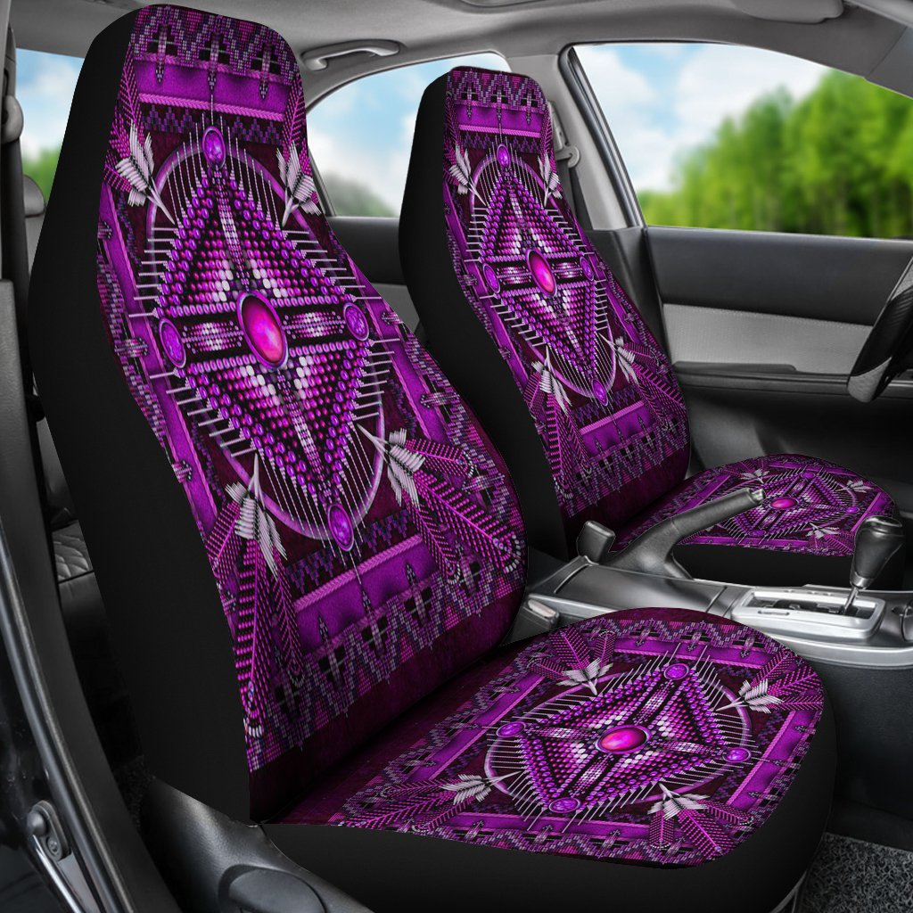Purple Native American car seat covers on vehicle front seats with patterned seat cushion