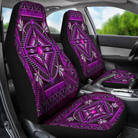 Purple Native American car seat covers on vehicle front seats with patterned seat cushion
