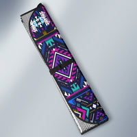 Side view of multicolor geometric auto sun shade in purple, teal, and black