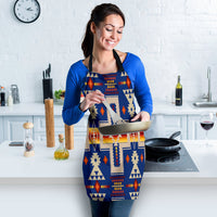Blue tribal print apron on model, front view with black neck and waist ties