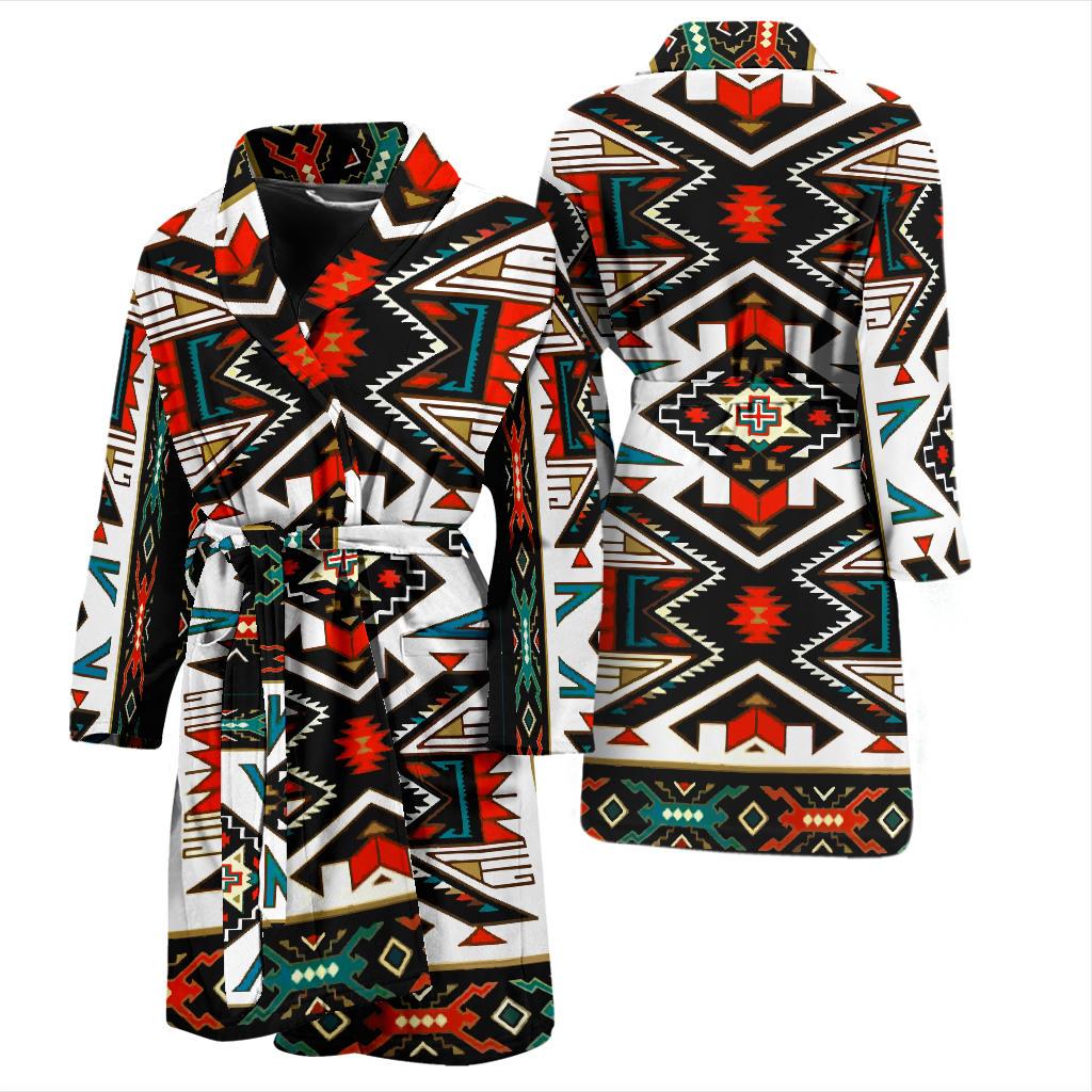 Two views of colorful geometric bath robe with hood and tie belt, front and back