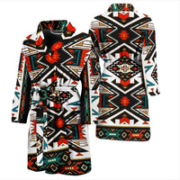 Two views of colorful geometric bath robe with hood and tie belt, front and back