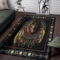Black wolf dreamcatcher rug with multicolor geometric border and feathered centerpiece