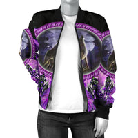 Women’s bomber jacket with full-front wolf graphic; black ribbed collar and zipper