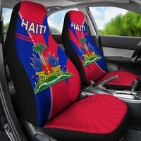 Haiti car seat cover pair with red sunburst seat base, blue/red panels and coat of arms