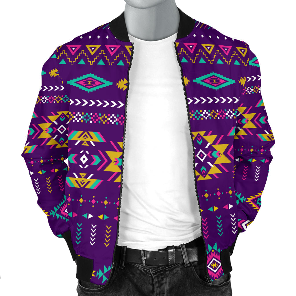 Light purple bomber jacket with multicolor Aztec print and black stand collar, front zip