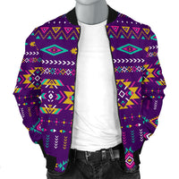 Light purple bomber jacket with multicolor Aztec print and black stand collar, front zip