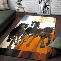 Area rug with four horse portraits; orange and white scene with dark border frame