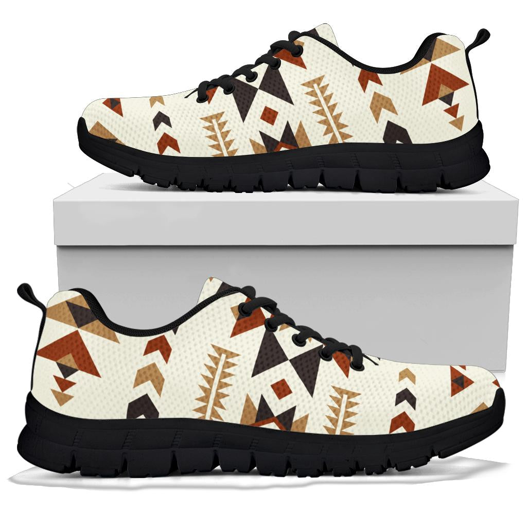 Front and heel aztec pattern sneakers, cream canvas with black sole and laces