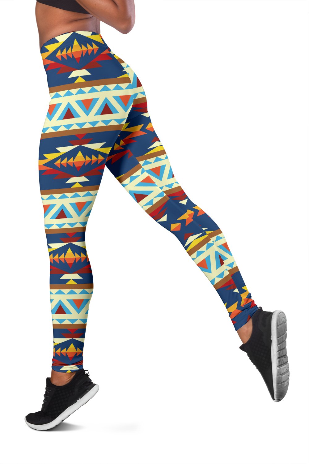 Women’s tribal patterned leggings, side view of full-length skinny legs
