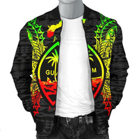 Black bomber jacket front zip with large GUAM palm emblem in reggae colors