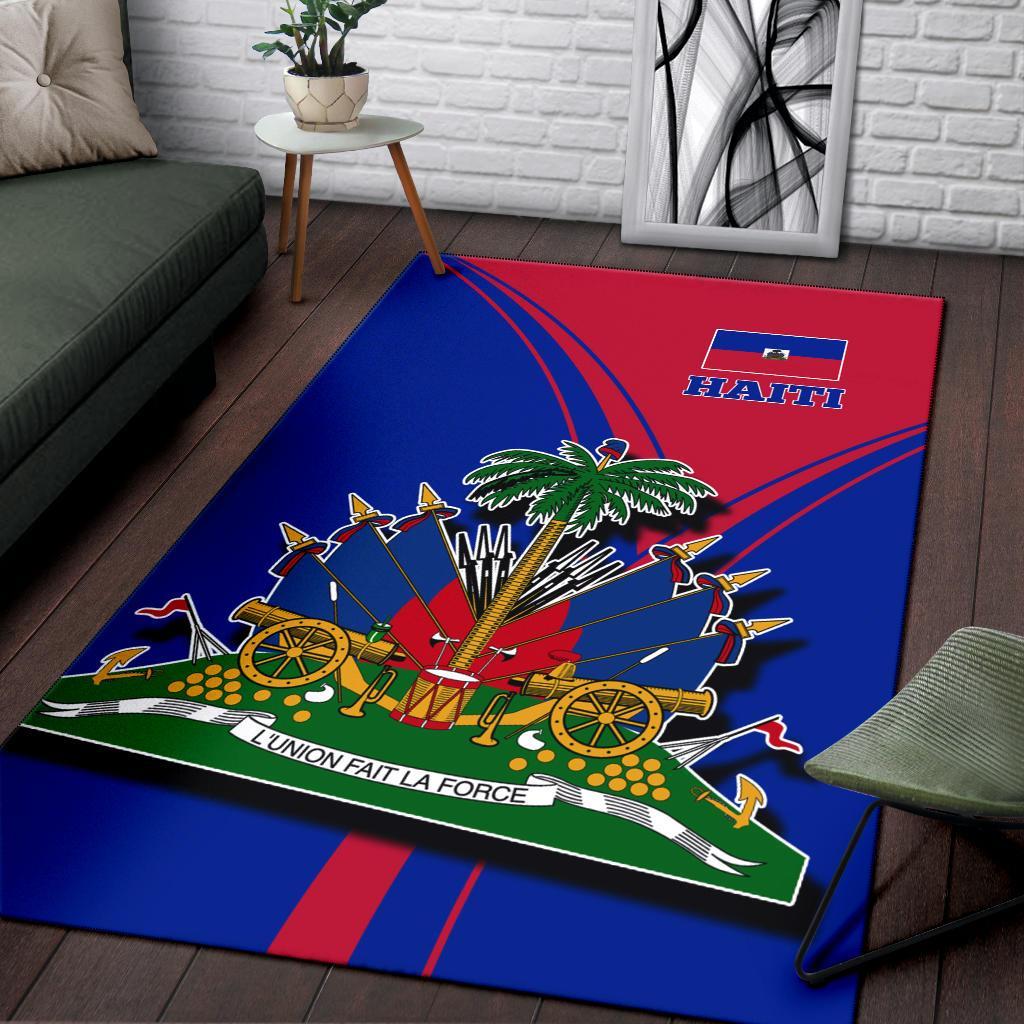 Haiti area rug angled view, blue field with red top stripe and “HAITI” logo