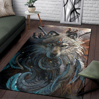 Native-inspired wolf area rug featuring snarling wolf eyes, arrows, and teal swirls