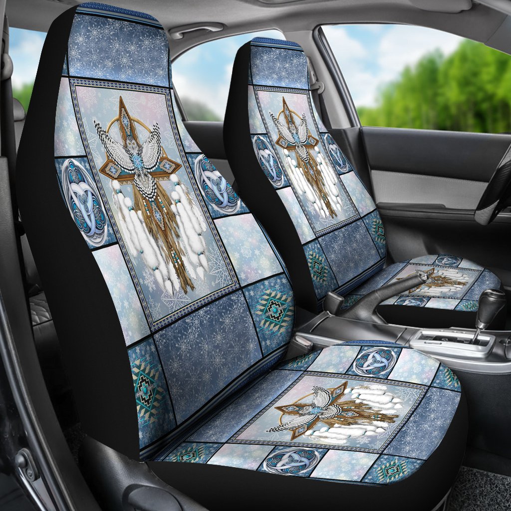 Installed blue thunderbird car seat covers on front seats with matching patterned cushions