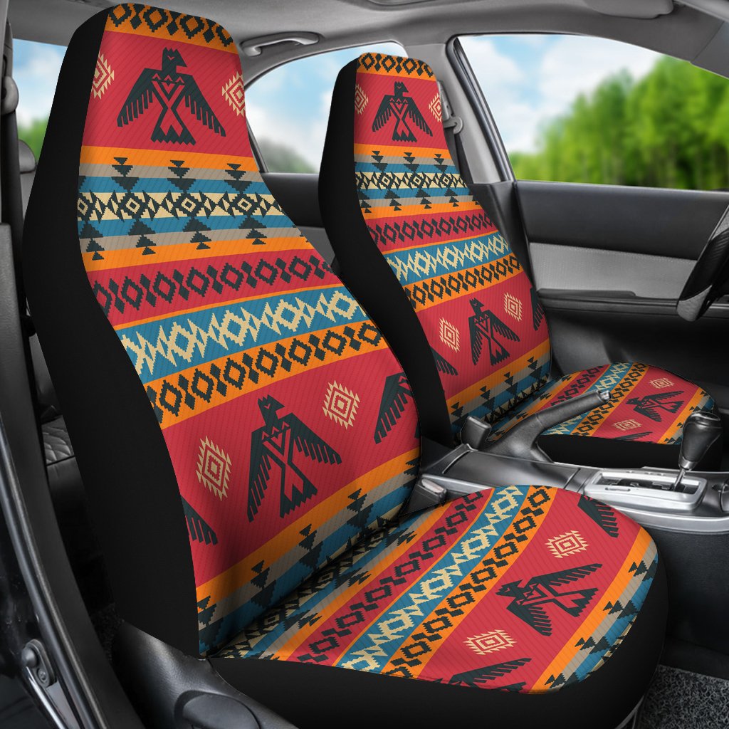 Front seat covers featuring red Aztec-style stripes, blue and orange accents